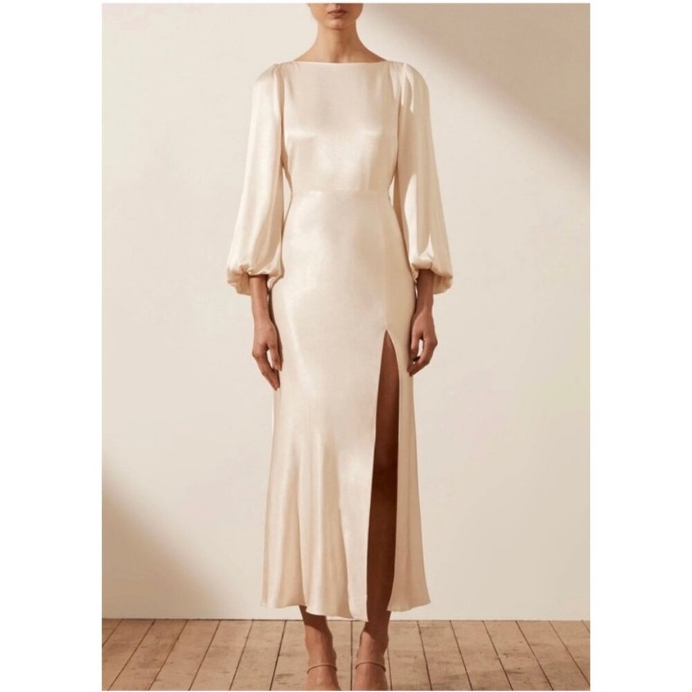 NWT Shona Joy La Lune Balloon Sleeve Open Back Midi Dress in Cream